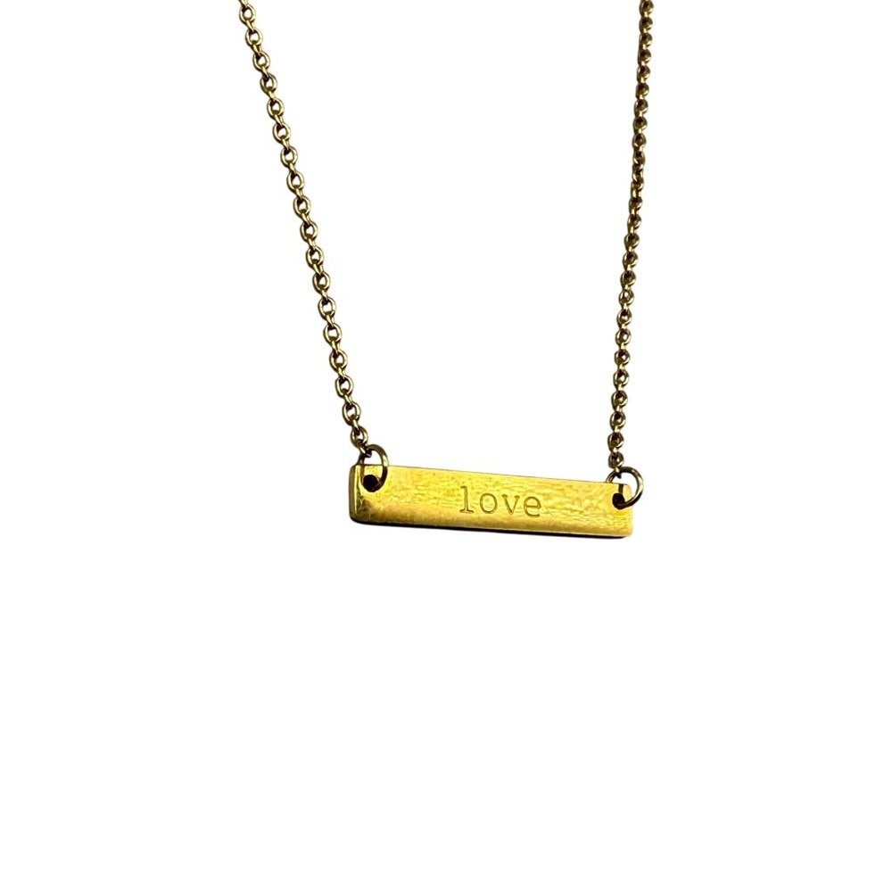 Jook and Nona Engraved "Love" Bar Pendant Chain Necklace Gold Tone
